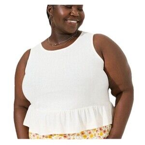 Torrid Crop Tank Top 3x White Textured Knit Ruffle Hem Sleeveless Boho Beachy